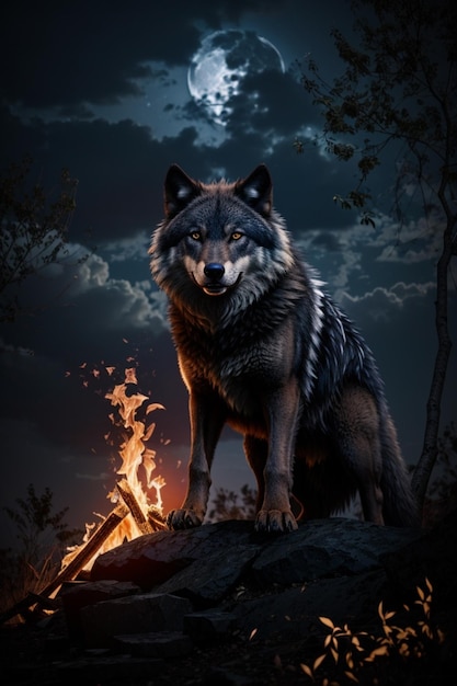 un loup noir reste sous la lune en feu