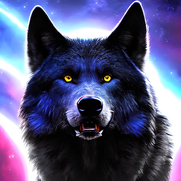 Un loup noir avec un visage bleu et des yeux jaunes se tient devant un fond coloré.