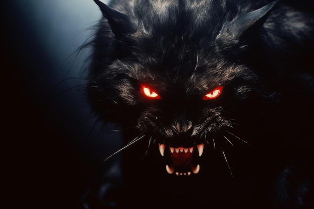 un loup noir avec des yeux rouges sur un fond sombre