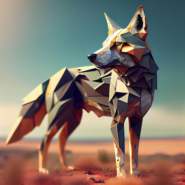 Loup polygonal dans le désert illustration de rendu 3d