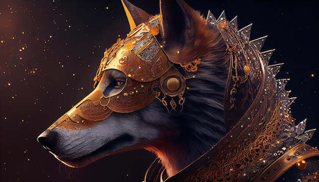 Un loup portant un masque d'or avec des accents d'or