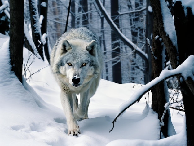 Photo un loup qui court à travers la forêt d'hiver.