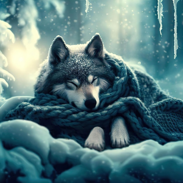 Un loup qui dort dans la neige