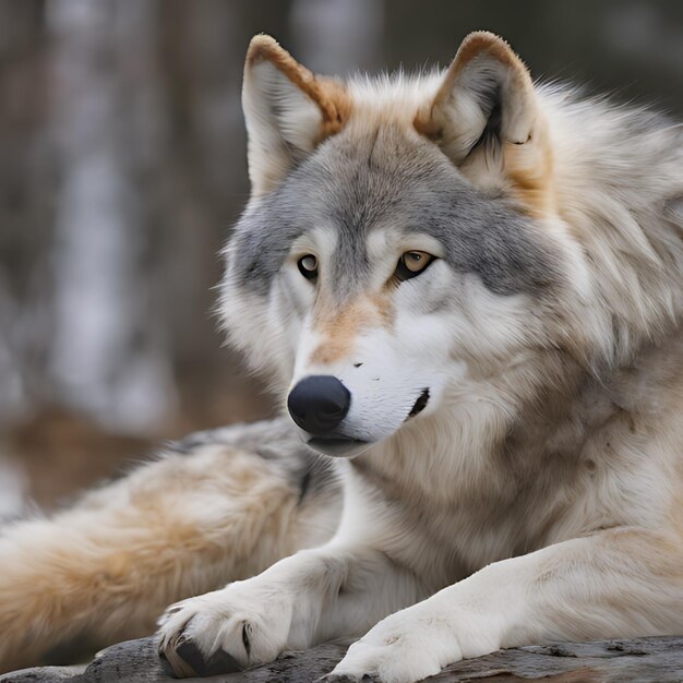 un loup qui est allongé avec un nez blanc