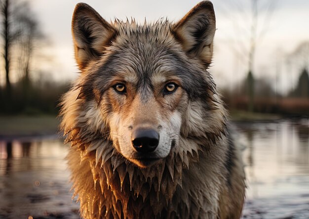 Photo un loup qui est dans l'eau avec le soleil brillant sur son visage