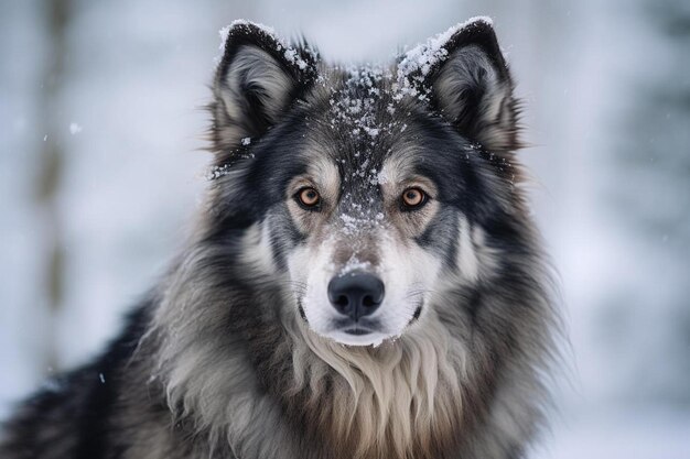 un loup qui a de la neige sur le visage