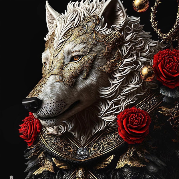 Un loup avec une rose rouge dessus