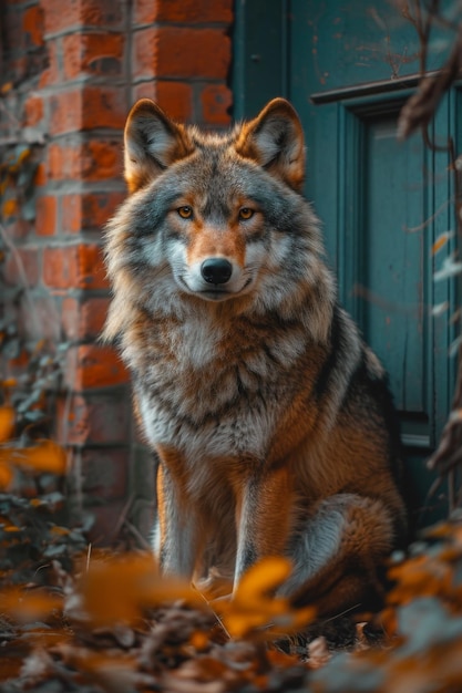 Un loup sauvage gris est assis près de la maison.