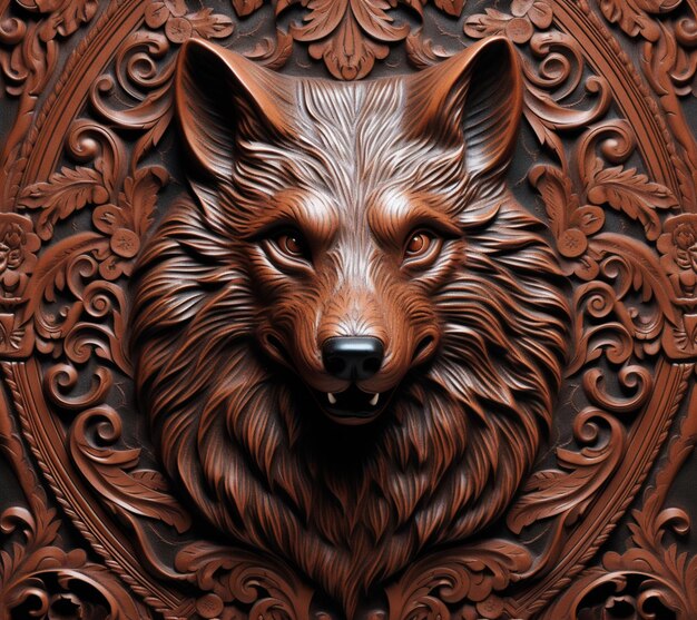 Un loup sculpté avec un nez noir est sur un fond marron.