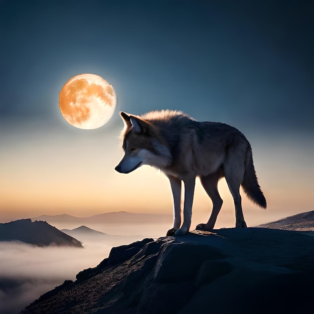 Un loup se dresse sur une falaise avec la lune en arrière-plan.