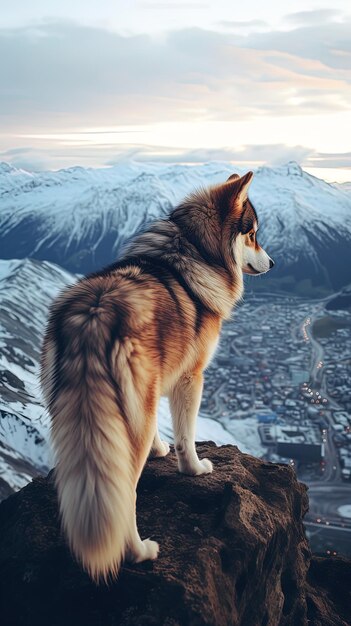 Photo un loup se tient au sommet d'une montagne avec la neige sur les montagnes en arrière-plan