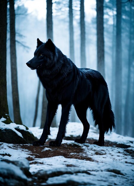 un loup se tient sur une colline enneigée dans les bois