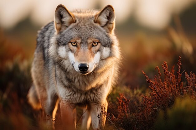 Photo un loup se tient dans un champ avec le soleil qui brille dessus