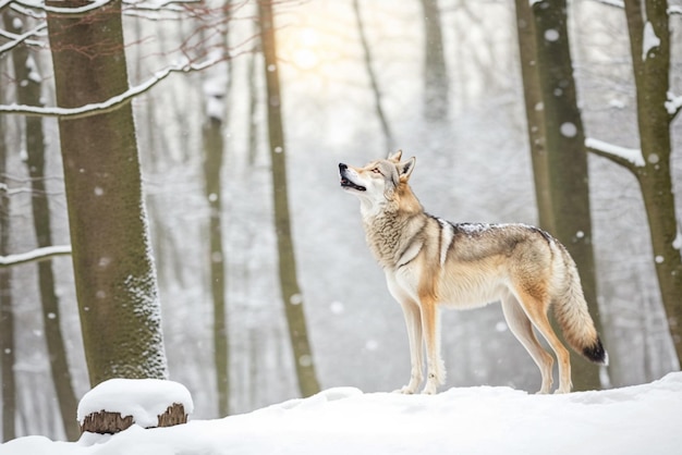 Un loup se tient dans la neige avec un arbre