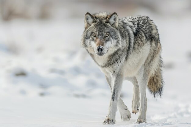 Loup solitaire dans la neige d'hiver au Canada