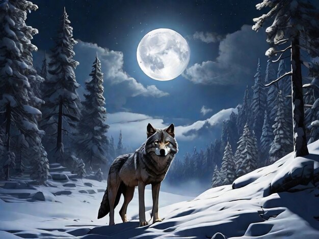 un loup solitaire dans une nuit enneigée