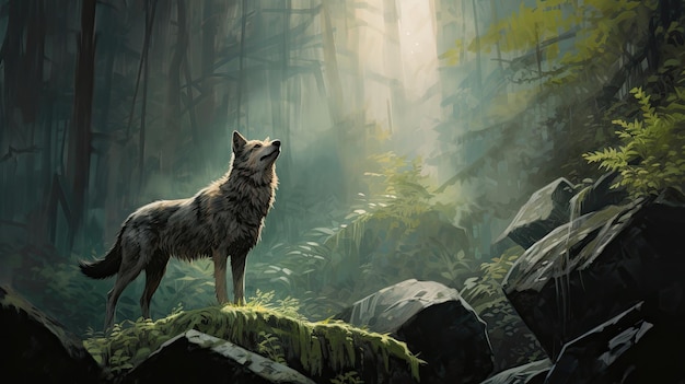 Un loup solitaire hurlant sous la pleine lune dans la forêt