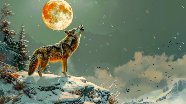 Le loup solitaire majestueux hurlant sur la crête de la montagne enneigée sous le ciel de nuit de pleine lune