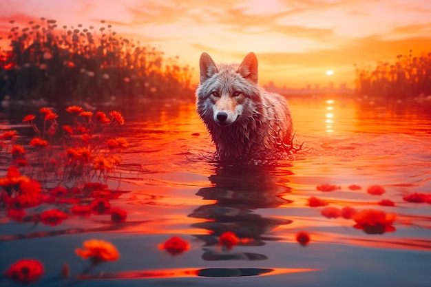 Un loup solitaire vivant émerge d'une eau boueuse