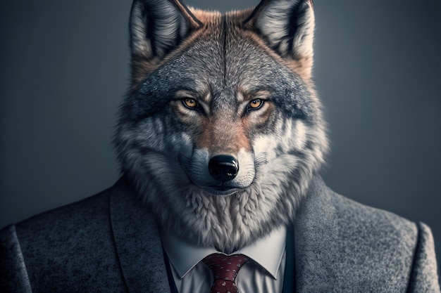 Un loup vêtu d'un costume gris avec un portrait en studio d'expression sérieuse Generative AI