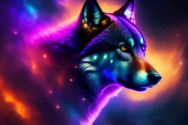 Un loup violet aux yeux jaunes et au nez bleu.