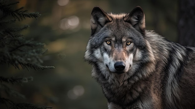 Un loup avec un visage noir et un fond sombre