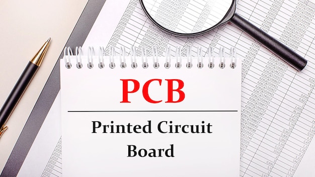 Loupe de bureau, rapports, stylo et bloc-notes avec texte PCB Printed Circuit Board