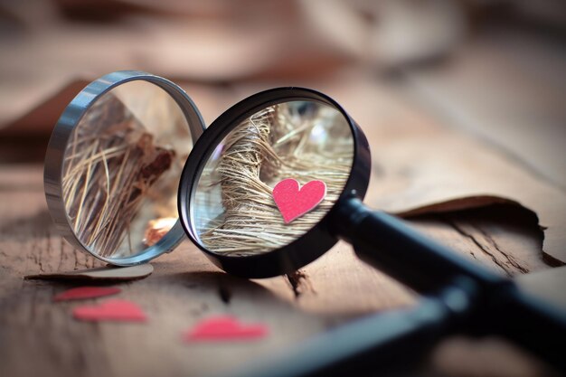 Une loupe avec un coeur qui s'y reflète