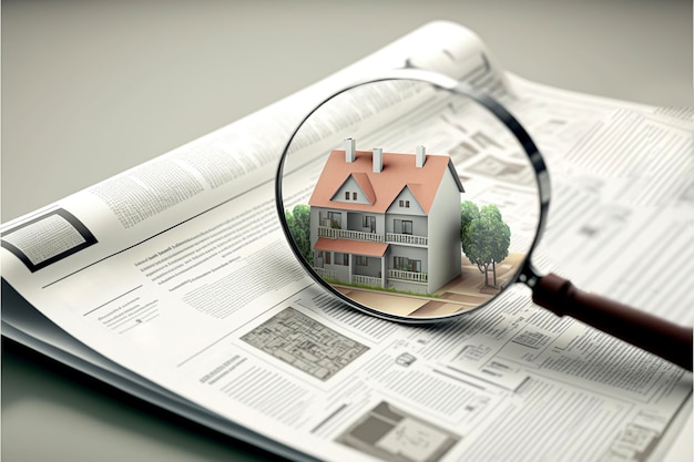 Loupe devant un journal ouvert avec des maisons en papier sur fond blanc