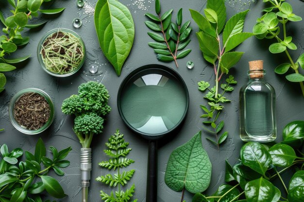 Photo la loupe et les feuilles vertes sur le bureau