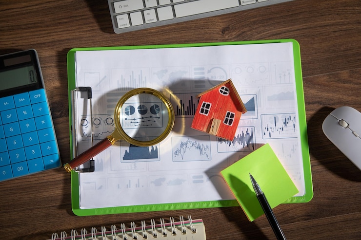 Loupe de graphiques de modèle de maison avec des objets d'affaires sur la table