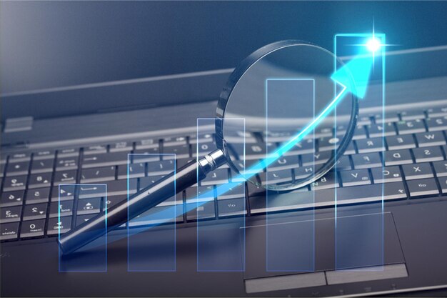 Loupe sur ordinateur portable, fond numérique