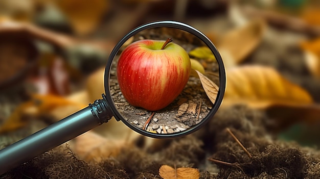 Photo une loupe avec une pomme rouge.