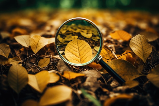 Photo une loupe qui se concentre sur la texture détaillée d'une feuille jaune d'automne au milieu d'autres feuilles tombées