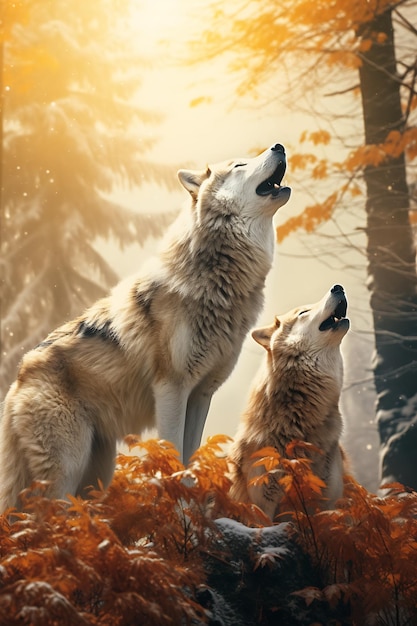 Les loups hurlent dans une forêt enneigée avec des feuilles d'automne encore sur le sol.