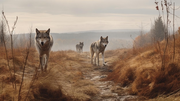 Photo loups marchant sur un chemin dans un champ