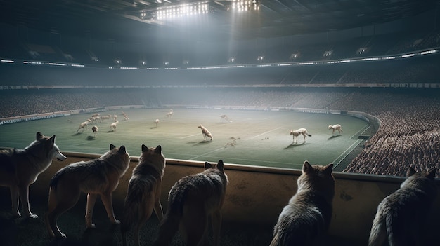Loups observant un stade de football avec un stade en arrière-plan