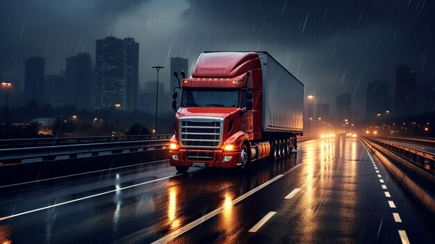 un lourd camion qui se déplace dans une nuit de pluie