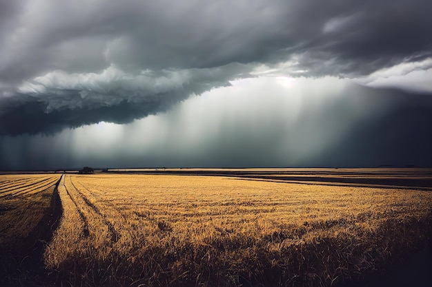 De lourds nuages de tonnerre sombres sur le champ de seigle de blé jaune