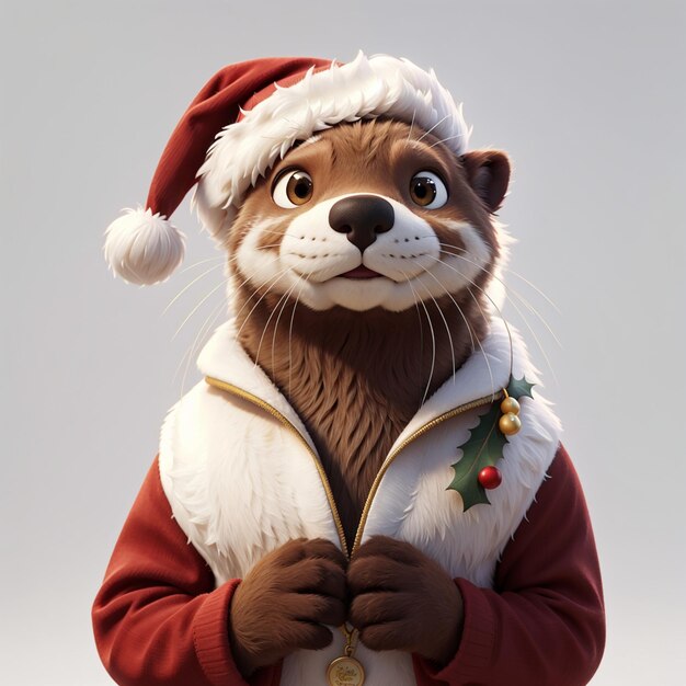 Photo une loutre 3d portant une tenue de noël et debout sur un fond blanc