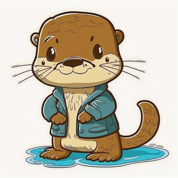 une loutre de dessin animé dans une veste bleue debout dans une flaque d'eau générative ai