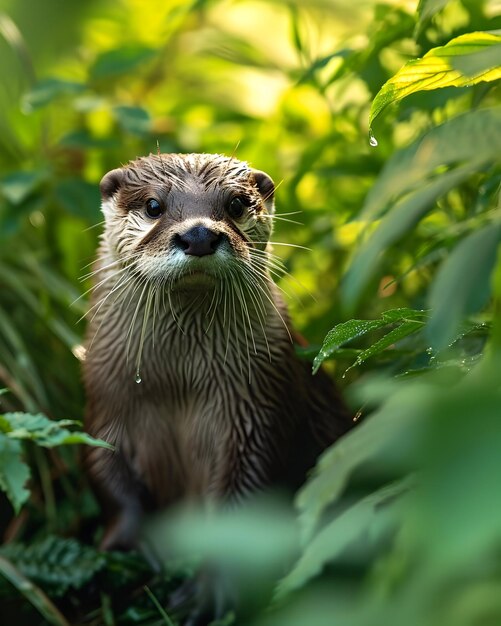 Photo la loutre de l'écosystème regarde la caméra dans la verdure