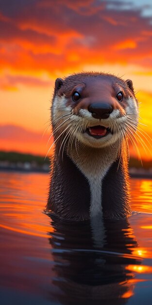 Une loutre nage dans un lac au coucher du soleil.