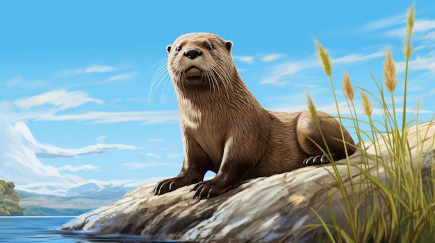 Une loutre réaliste reposant sur un rocher avec de l'herbe et un ciel bleu