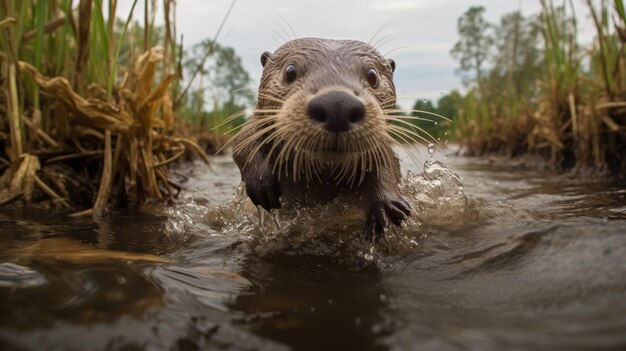 La loutre sautant dans l'eau Une documentation brute dans le style de Dmitry Vishnevsky avec Rtx en marche