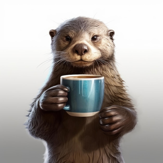 Une loutre tenant une tasse de café et bavardant avec des gens