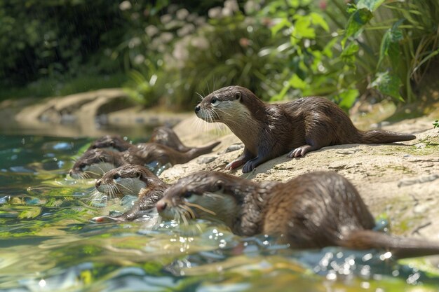 Des loutres enjouées glissent sur la rive d'une rivière.