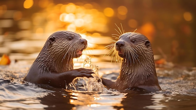 Loutres jouant dans l'eau avec un fond doré