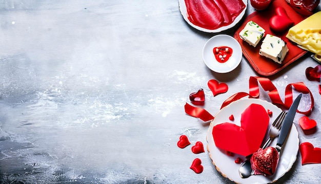 LoveFilled Delights Un bel assortiment pour le dîner de la Saint-Valentin avec un grand espace de copie