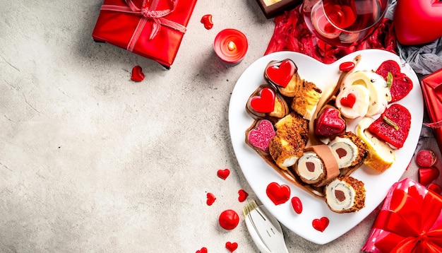 Photo lovefilled delights un bel assortiment pour le dîner de la saint-valentin avec un grand espace de copie